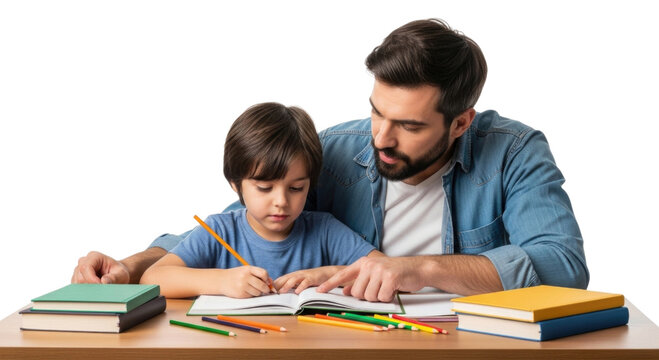 Father and son diligently working on homework together at a wooden table with books and pencils isolated on transparent background