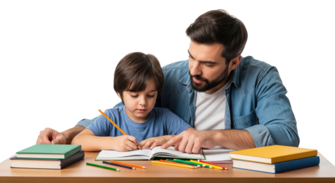Father and son diligently working on homework together at a wooden table with books and pencils isolated on transparent background