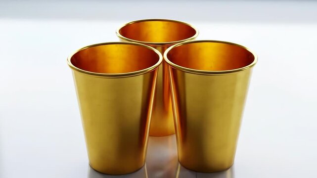 Three golden cups sit on a glossy surface, reflecting light. The cups are angled slightly