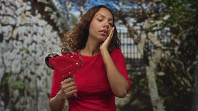Woman holding red tape dispenser and wearing red shirt, touching cheek with eyes closed in forest; serenity rest.