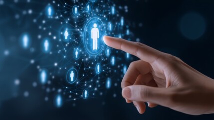 Person's hand, global structure customer network technology, customer service technology, Digital CRM System: Hand Interacting with Customer Profiles on Screen