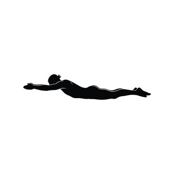 Dynamic swimmer flying silhouette vector icon. athlete superman pose yoga locust isolated on white background, Vector