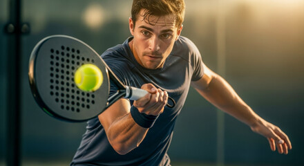 Focused male athlete playing padel tennis hitting the ball during an intense match at sunset