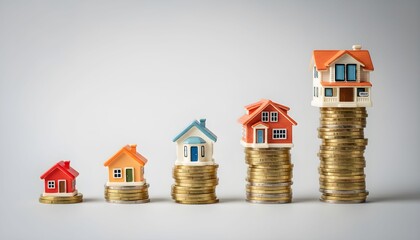Miniature houses of increasing size on growing stacks of coins representing real estate investment and property value growth.