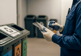 Worker audits recycling program on tablet for sustainability initiatives