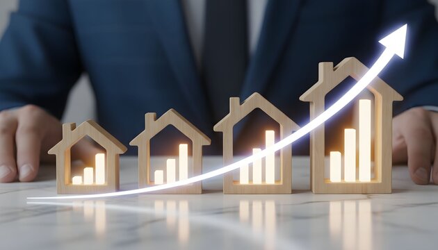 Business professional observing a rising trend in housing market growth, represented by increasing bar charts within miniature house models.