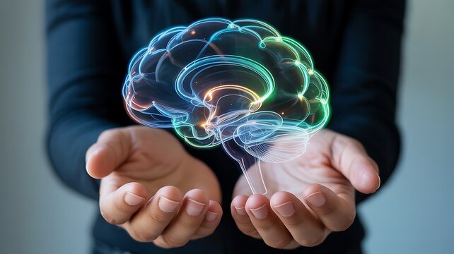 Human hands gently cradling a luminous glowing abstract representation of the human brain symbolizing knowledge creativity and innovation