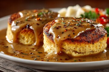 Traditional Thanksgiving biscuits with thick light brown gravy drizzle. 
