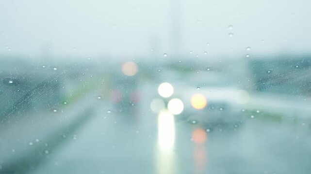 雨の日のドライブ：水滴を除去するワイパーの動きとぼやけた車の光