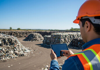 Professional waste management worker using tablet at recycling facility