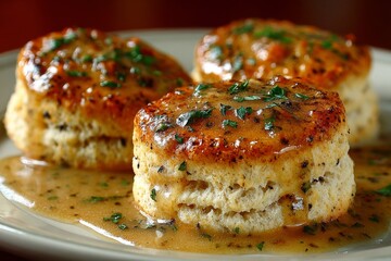 Traditional Thanksgiving biscuits with thick light brown gravy drizzle. 