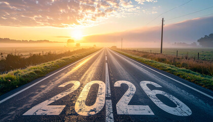 Misty countryside highway stretches into sunrise with 2026 painted on road, evoking sense of hope and new beginnings