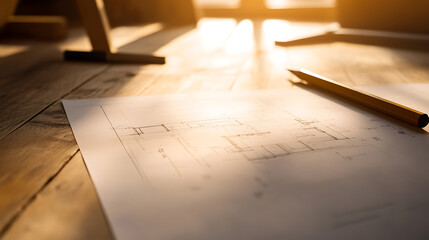 Architectural blueprint lying on a rustic wooden table under warm light, capturing the essence of design and creation. A pencil rests nearby, ready to bring ideas to life.