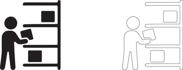 Man takes a box from a shelf. Vector icon of logistics and retail.