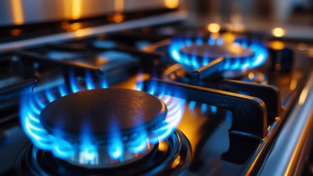Blue flames of natural gas burning on modern stove, energy, domestic cooking, safety, heat power, home technology, clean fuel and efficient household energy consumption concept in kitchen interior