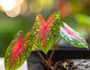 Close-up of potted Caladium with vivid red and green leaves, sunlit background