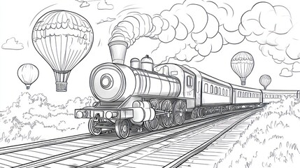 Train travels on tracks with hot air balloons in background, used for coloring book