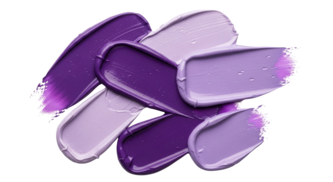 A vibrant collection of purple and lavender paint swatches artfully arranged and isolated on a transparent background isolated on transparent background