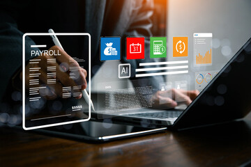 AI payroll automation concept with businessman using digital interface, artificial intelligence for salary management, financial analysis, accounting, Payroll Management.