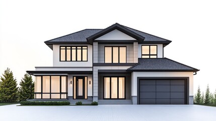 Modern two-story house with garage in a clear background for real estate use