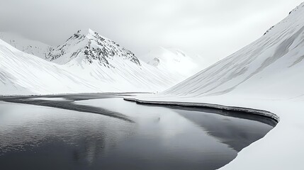 Serene winter landscape with dark winding river flowing through snow-covered mountain valley under overcast sky.