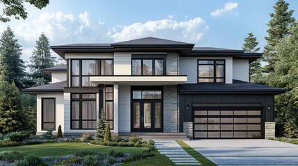 Modern two story house with double garage, green trees and grass in the background
