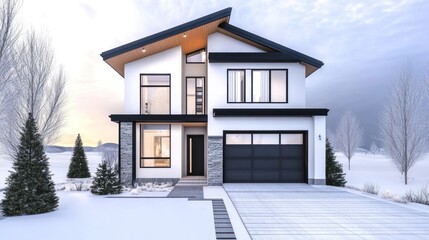 Modern two story house exterior view on a winter evening with snow on the ground