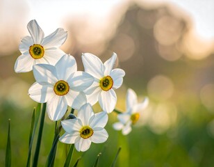 Close-up of pristine white daffodils with yellow centers, sunlit against a blurred background
