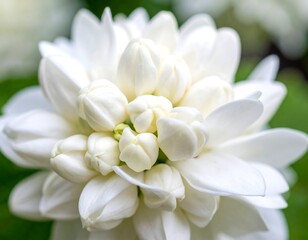 Close-up of pristine white jasmine flower, showing intricate petal details and buds