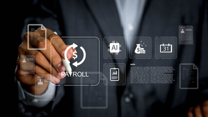 AI payroll automation concept with businessman using digital interface, artificial intelligence for...