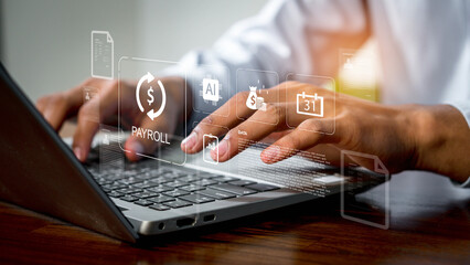 AI payroll automation concept with businessman using digital interface, artificial intelligence for salary management, financial analysis, accounting, Payroll Management.