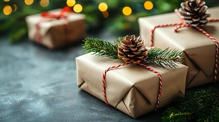Rustic Christmas gifts wrapped in kraft paper with pine cones, twine, and evergreen sprigs against dark background with bokeh lights.