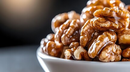 Obraz premium Shelled walnuts in white bowl on dark background, close-up view of nutritious nuts with rich texture for healthy snacking or cooking.