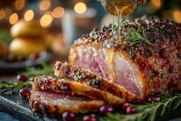 Thanksgiving Ham: A close-up of a carved juicy roasted thanksgiving ham, with the slices falling onto a serving platter. Glazed ham.	