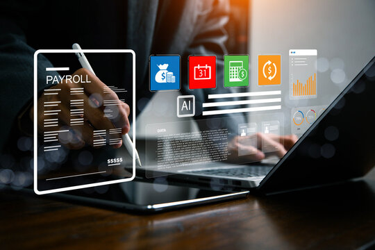 AI payroll automation concept with businessman using digital interface, artificial intelligence for salary management, financial analysis, accounting, Payroll Management.