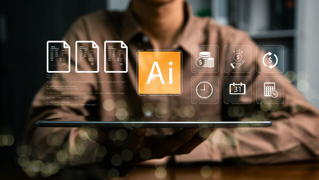 AI payroll automation concept with businessman using digital interface, artificial intelligence for salary management, financial analysis, accounting, Payroll Management.