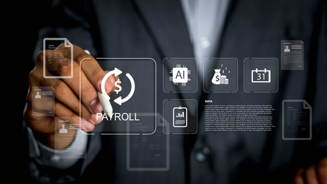 AI payroll automation concept with businessman using digital interface, artificial intelligence for salary management, financial analysis, accounting, Payroll Management.