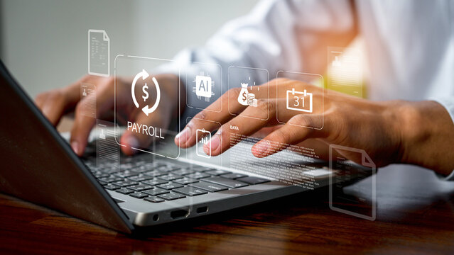 AI payroll automation concept with businessman using digital interface, artificial intelligence for salary management, financial analysis, accounting, Payroll Management.