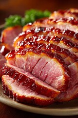 Thanksgiving Ham: A close-up of a carved juicy roasted thanksgiving ham, with the slices falling onto a serving platter. Glazed ham.	