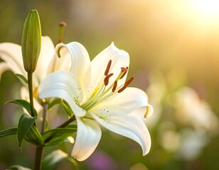 Close-up of pristine white lilies blooming in the golden sunlight