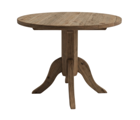 Rustic wooden tripod table with a round top and weathered texture isolated on transparent background
