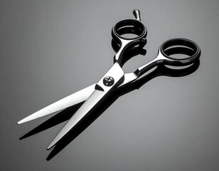 Close-up of professional shiny scissors casting a shadow on a glossy, dark surface
