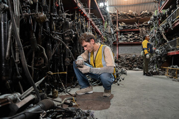 Fototapeta premium Caucasian technician or engineer checking car part with technician African woman and car part background 