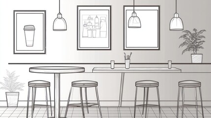 Cafe interior sketch, design, empty space, various tables.  Possible use architecture design, cafe design