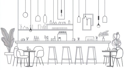 Modern cafe interior line drawing (1)