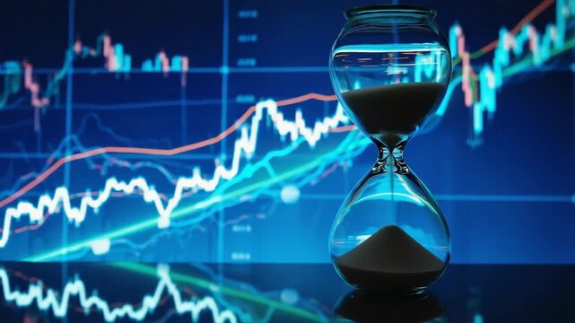 Transparent hourglass filled with sand placed before a glowing financial chart with rising lines, investment growth, time management, trading, economics, and passing nature of financial opportunity. - Powered by Adobe