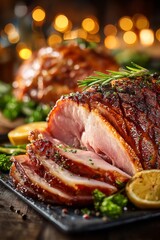 A close-up of a juicy, roasted Thanksgiving ham, freshly carved with slices cascading onto a serving platter and glistening with glaze.