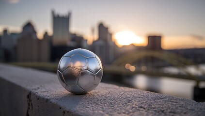 Small silver metallic soccer ball resting on a concrete ledge with modern city skyline in the background at sunset, symbolizing urban lifestyle, balance between sport and architecture