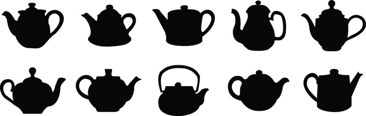 Teapot icon set in flat styles. Vintage and modern tea kettles, classic and contemporary designs, vectors illustration for café menu, kitchen decoration, restaurant branding and beverage packaging.