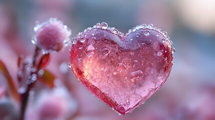 Fototapeta premium Frozen heart-shaped water droplet with ice crystals on winter plant, glistening with morning frost in pink hues against blurred natural background.